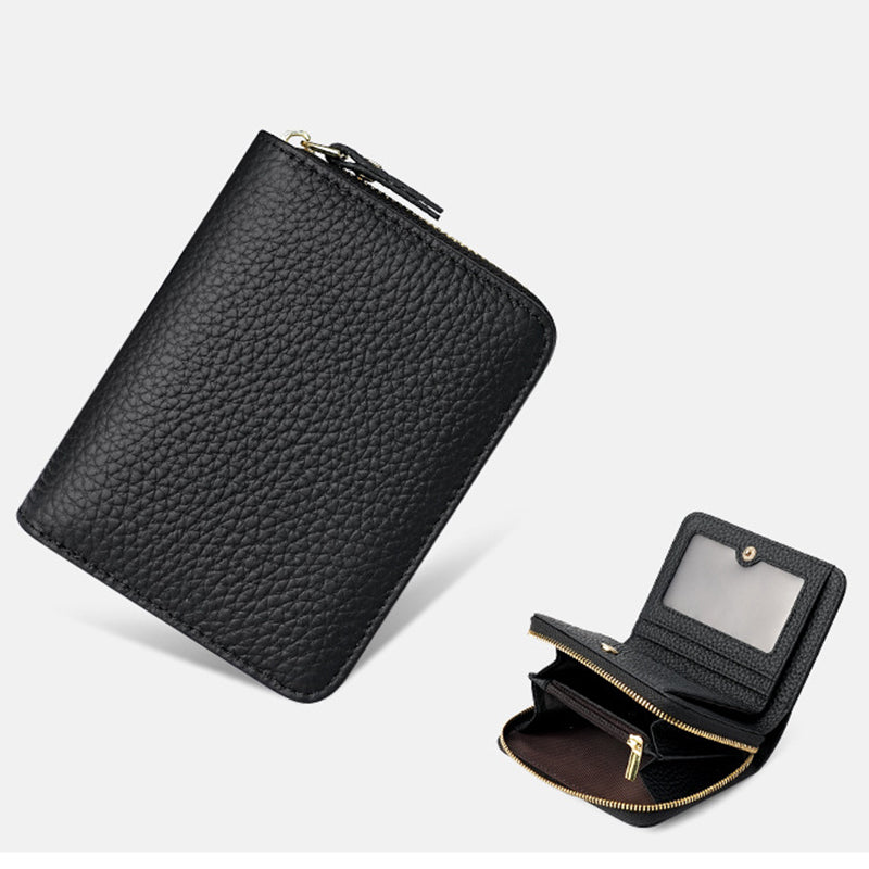 Black Compact RFID Genuine Leather Wallet for Women - Secure Zipper Card Holder & Coin Purse V888-ELOSUNG27116