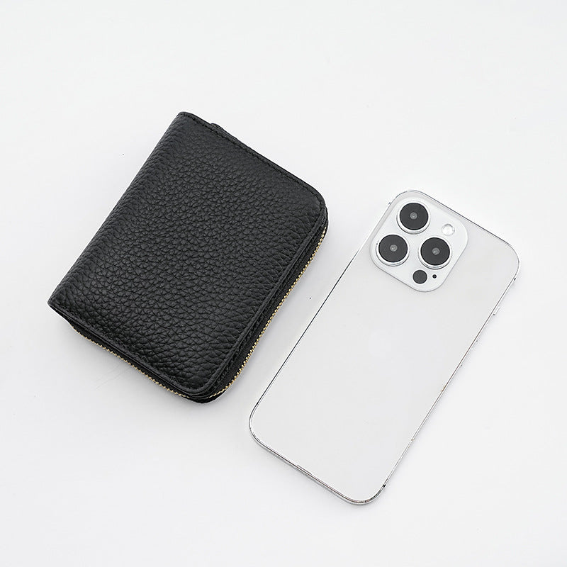 Black Compact RFID Genuine Leather Wallet for Women - Secure Zipper Card Holder & Coin Purse V888-ELOSUNG27116