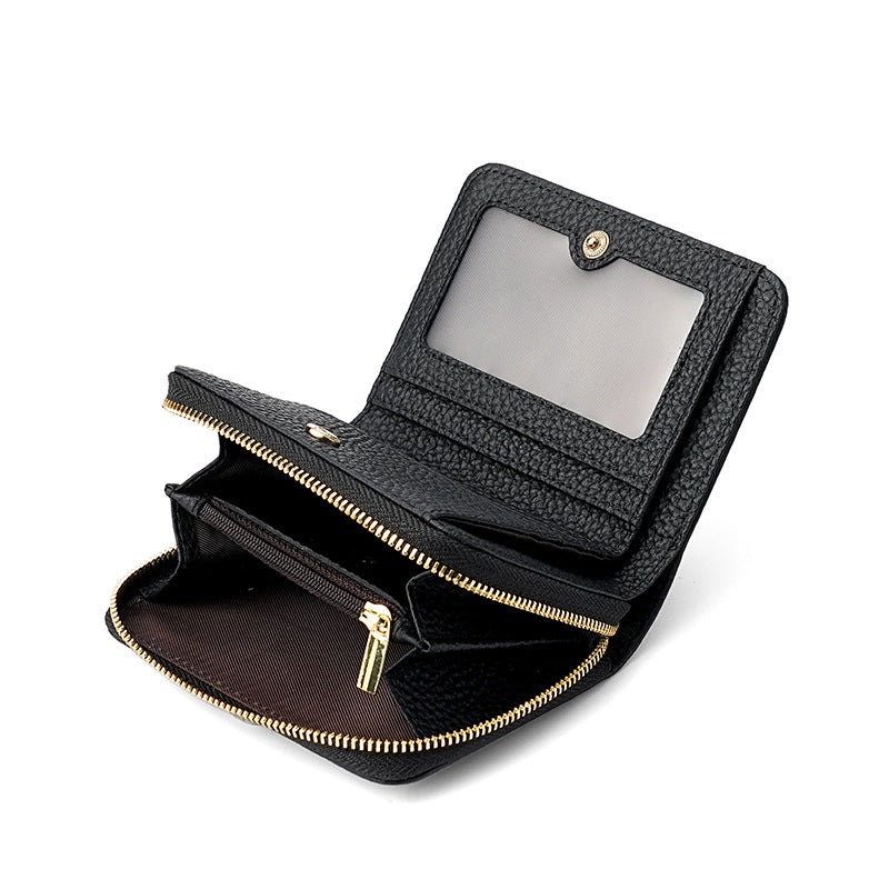 Black Compact RFID Genuine Leather Wallet for Women - Secure Zipper Card Holder & Coin Purse V888-ELOSUNG27116