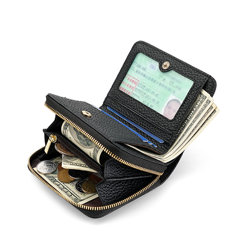 Black Compact RFID Genuine Leather Wallet for Women - Secure Zipper Card Holder & Coin Purse V888-ELOSUNG27116