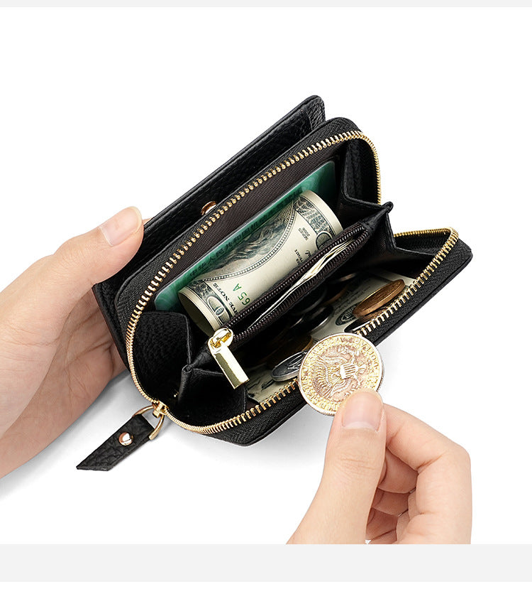 Black Compact RFID Genuine Leather Wallet for Women - Secure Zipper Card Holder & Coin Purse V888-ELOSUNG27116