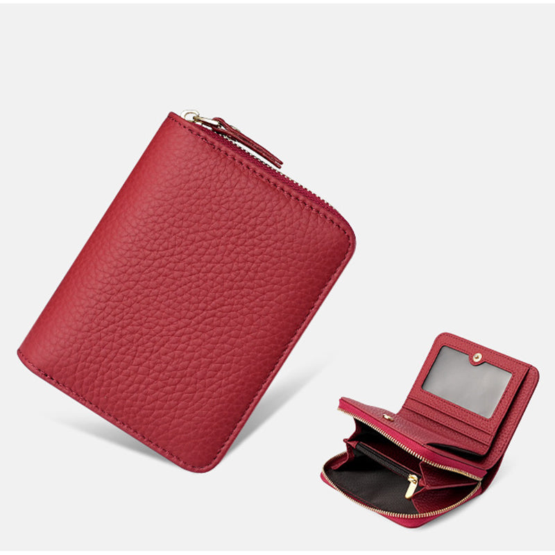 Red Compact RFID Genuine Leather Wallet for Women - Secure Zipper Card Holder & Coin Purse V888-ELOSUNG27118