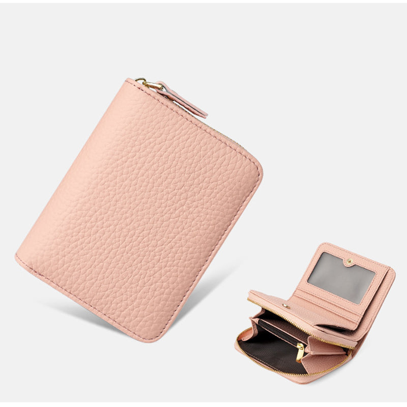 Pink Compact RFID Genuine Leather Wallet for Women - Secure Zipper Card Holder & Coin Purse V888-ELOSUNG27119