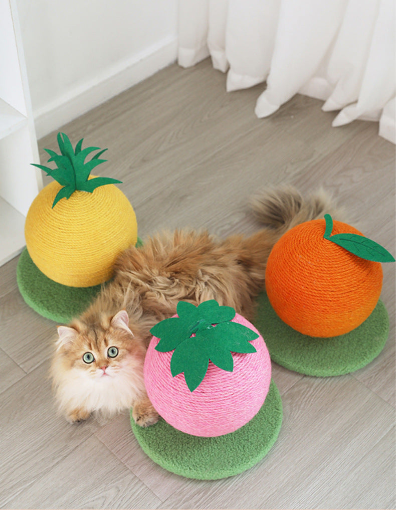 Pink Strawberry And Green Base Fun Fruit Shaped Sisal Cat Scratcher Ball - Durable Scratching Toy with Stable V888-ELOSUNG27124