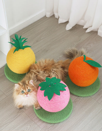 Pink Strawberry And Green Base Fun Fruit Shaped Sisal Cat Scratcher Ball - Durable Scratching Toy with Stable V888-ELOSUNG27124
