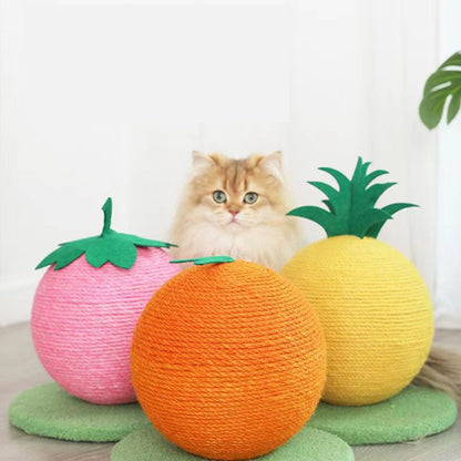 Pink Strawberry And Green Base Fun Fruit Shaped Sisal Cat Scratcher Ball - Durable Scratching Toy with Stable V888-ELOSUNG27124