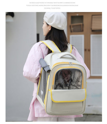 Beige And Black Spacious Pet Carrier Backpack with Clear Window - Comfortable Travel Bag for Cats & Small Dogs V888-ELOSUNG27131