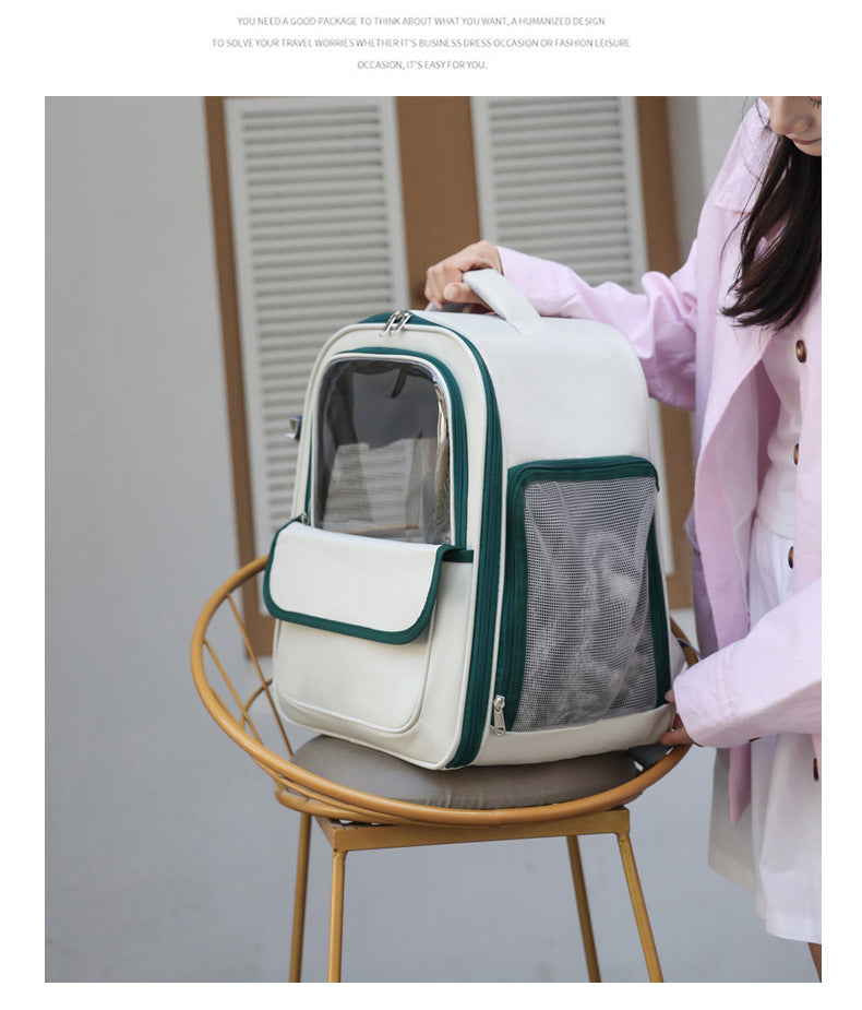 Beige And Green Spacious Pet Carrier Backpack with Clear Window - Comfortable Travel Bag for Cats & Small Dogs V888-ELOSUNG27133