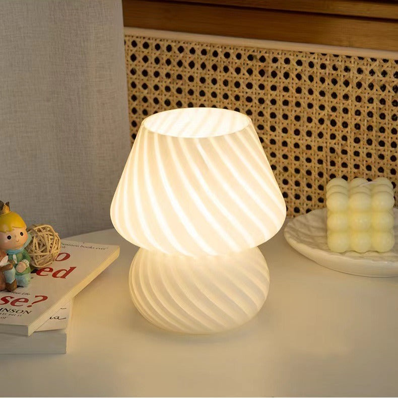 White Retro Swirl Glass Mushroom Table Lamp - USB Powered 3-Level Dimmable Bedside Accent Light V888-ELOSUNG27144