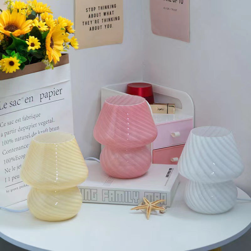 Pink Retro Swirl Glass Mushroom Table Lamp - USB Powered 3-Level Dimmable Bedside Accent Light V888-ELOSUNG27145