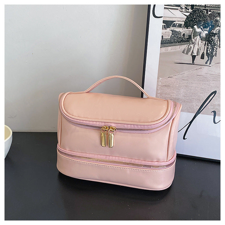 Pink Large Capacity Double Layer PU Leather Makeup Bag - Portable Travel Cosmetic Organizer Case V888-ELOSUNG27149
