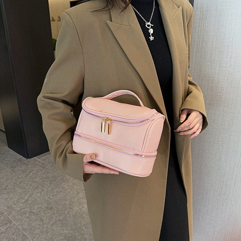Pink Large Capacity Double Layer PU Leather Makeup Bag - Portable Travel Cosmetic Organizer Case V888-ELOSUNG27149