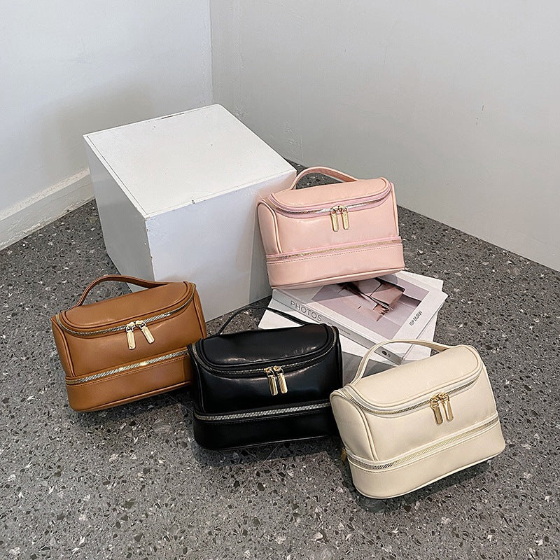 Pink Large Capacity Double Layer PU Leather Makeup Bag - Portable Travel Cosmetic Organizer Case V888-ELOSUNG27149