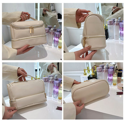 Pink Large Capacity Double Layer PU Leather Makeup Bag - Portable Travel Cosmetic Organizer Case V888-ELOSUNG27149