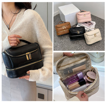 Pink Large Capacity Double Layer PU Leather Makeup Bag - Portable Travel Cosmetic Organizer Case V888-ELOSUNG27149