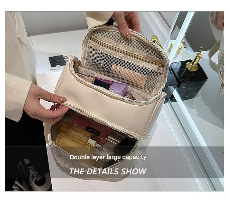 Pink Large Capacity Double Layer PU Leather Makeup Bag - Portable Travel Cosmetic Organizer Case V888-ELOSUNG27149