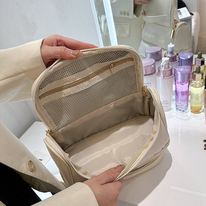 Pink Large Capacity Double Layer PU Leather Makeup Bag - Portable Travel Cosmetic Organizer Case V888-ELOSUNG27149