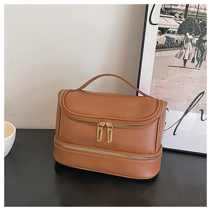 Brown Large Capacity Double Layer PU Leather Makeup Bag - Portable Travel Cosmetic Organizer Case V888-ELOSUNG27150