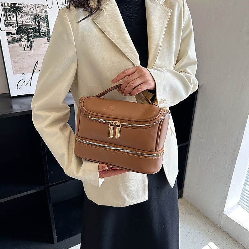 Brown Large Capacity Double Layer PU Leather Makeup Bag - Portable Travel Cosmetic Organizer Case V888-ELOSUNG27150