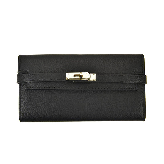 Black Elegant Women's Turn Lock Long Wallet - Black PU Leather Clutch Purse with Card Slots & Zipper Pocket V888-ELOSUNG27151