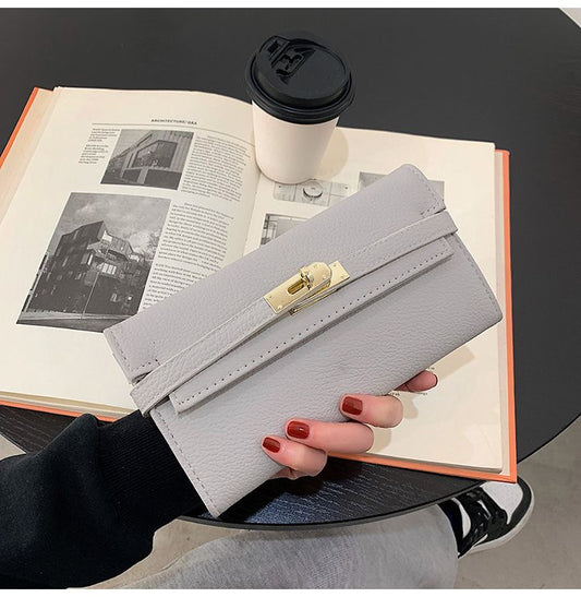 Grey Elegant Women's Turn Lock Long Wallet - Black PU Leather Clutch Purse with Card Slots & Zipper Pocket V888-ELOSUNG27152