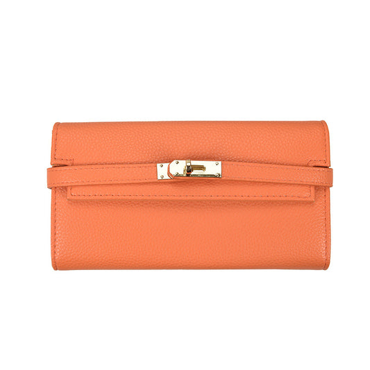 Orange Elegant Women's Turn Lock Long Wallet - Black PU Leather Clutch Purse with Card Slots & Zipper Pocket V888-ELOSUNG27153