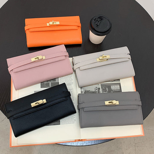 Orange Elegant Women's Turn Lock Long Wallet - Black PU Leather Clutch Purse with Card Slots & Zipper Pocket V888-ELOSUNG27153