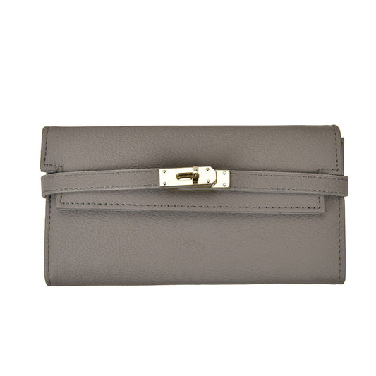 Grey Elegant Women's Turn Lock Long Wallet - Black PU Leather Clutch Purse with Card Slots & Zipper Pocket V888-ELOSUNG27154