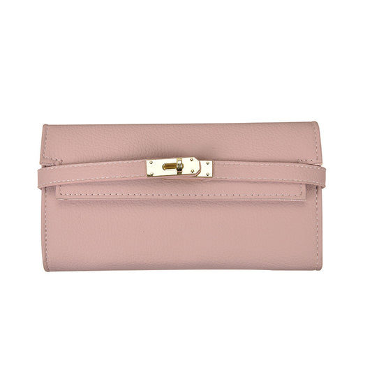 Pink Elegant Women's Turn Lock Long Wallet - Black PU Leather Clutch Purse with Card Slots & Zipper Pocket V888-ELOSUNG27155