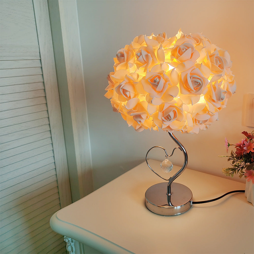Red Roses And Silver Base Romantic Red Rose Flower Table Lamp - Crystal Heart Accent Bedside Night Light V888-ELOSUNG27156