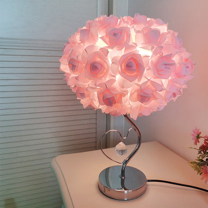 Pink Roses And Silver Base Romantic Red Rose Flower Table Lamp - Crystal Heart Accent Bedside Night Light V888-ELOSUNG27157