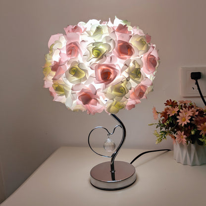 Pink Roses And Silver Base Romantic Red Rose Flower Table Lamp - Crystal Heart Accent Bedside Night Light V888-ELOSUNG27157