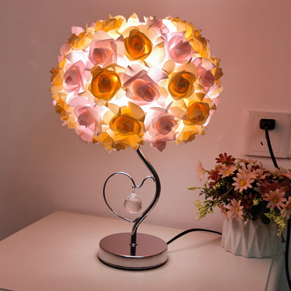 Pink,Yellow Roses And Silver Base Romantic Red Rose Flower Table Lamp - Crystal Heart Accent Bedside Night V888-ELOSUNG27160