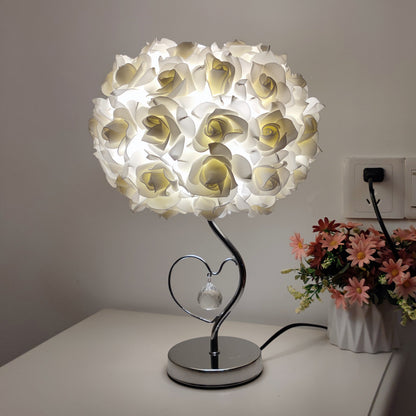 Beige Roses And Silver Base Romantic Red Rose Flower Table Lamp - Crystal Heart Accent Bedside Night Light V888-ELOSUNG27161