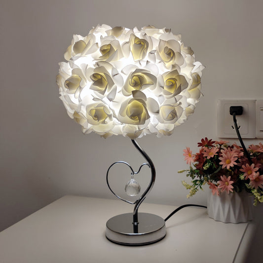 Beige Roses And Silver Base Romantic Red Rose Flower Table Lamp - Crystal Heart Accent Bedside Night Light V888-ELOSUNG27161