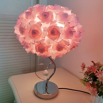 Beige Roses And Silver Base Romantic Red Rose Flower Table Lamp - Crystal Heart Accent Bedside Night Light V888-ELOSUNG27161