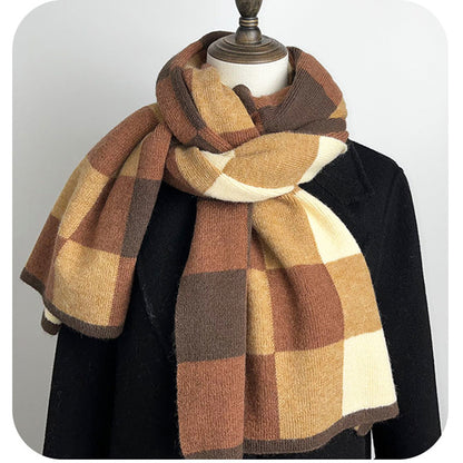 Coffee,Grey And Beige Unisex Retro Checkered Knit Scarf - Soft Thick Winter Shawl Wrap V888-ELOSUNG27162