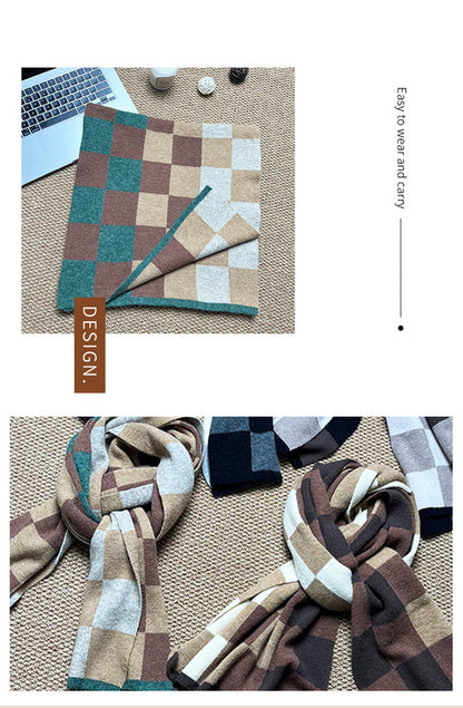 Coffee,Grey And Beige Unisex Retro Checkered Knit Scarf - Soft Thick Winter Shawl Wrap V888-ELOSUNG27162
