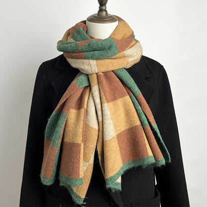 Coffee,Grey And Beige Unisex Retro Checkered Knit Scarf - Soft Thick Winter Shawl Wrap V888-ELOSUNG27162