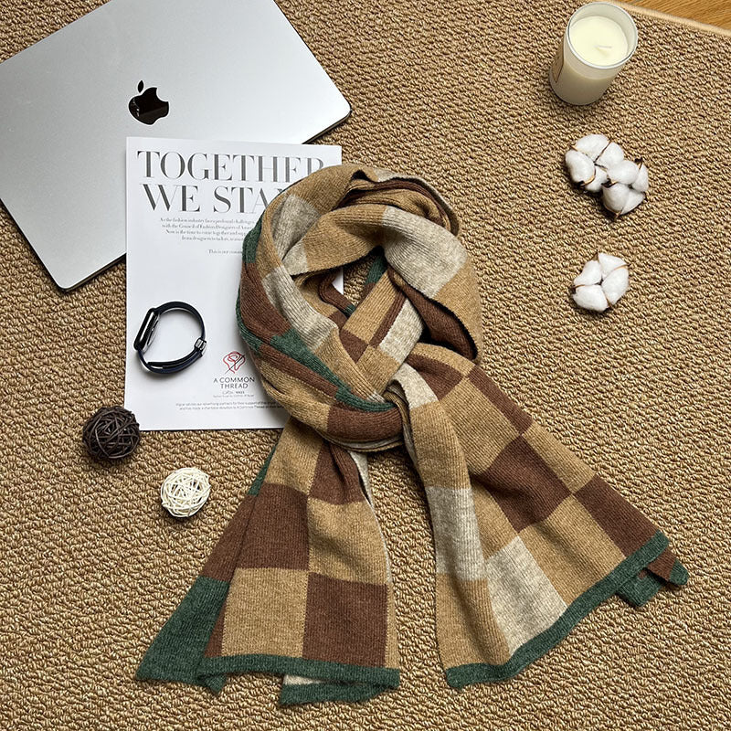 Brown,Khaki And Green Unisex Retro Checkered Knit Scarf - Soft Thick Winter Shawl Wrap V888-ELOSUNG27163