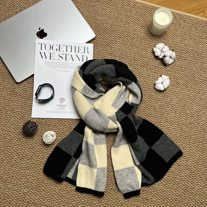 Black,Grey And Beige Unisex Retro Checkered Knit Scarf - Soft Thick Winter Shawl Wrap V888-ELOSUNG27164