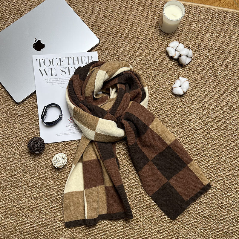 Coffee,Brown And Beige Unisex Retro Checkered Knit Scarf - Soft Thick Winter Shawl Wrap V888-ELOSUNG27165
