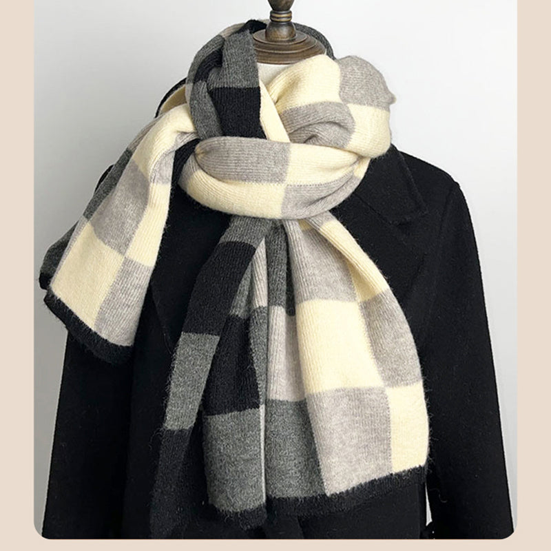 Coffee,Brown And Beige Unisex Retro Checkered Knit Scarf - Soft Thick Winter Shawl Wrap V888-ELOSUNG27165