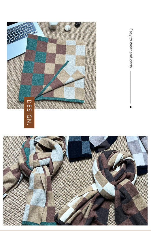 Coffee,Brown And Beige Unisex Retro Checkered Knit Scarf - Soft Thick Winter Shawl Wrap V888-ELOSUNG27165