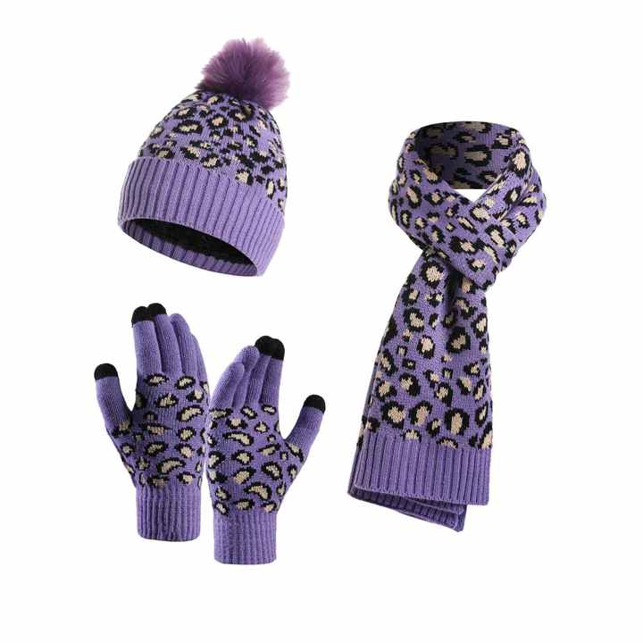Purple Women's 3-Piece Winter Knit Set - Leopard Print Plush Lined Beanie Hat, Scarf & Touchscreen Gloves V888-ELOSUNG27166