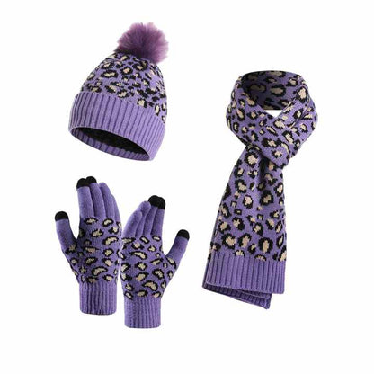 Purple Women's 3-Piece Winter Knit Set - Leopard Print Plush Lined Beanie Hat, Scarf & Touchscreen Gloves V888-ELOSUNG27166
