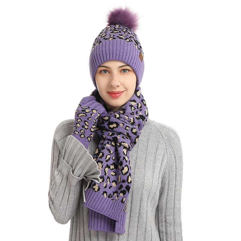 Purple Women's 3-Piece Winter Knit Set - Leopard Print Plush Lined Beanie Hat, Scarf & Touchscreen Gloves V888-ELOSUNG27166