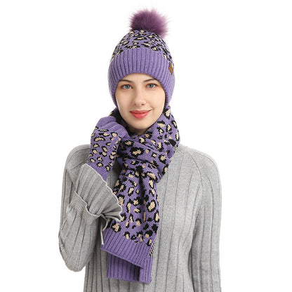 Purple Women's 3-Piece Winter Knit Set - Leopard Print Plush Lined Beanie Hat, Scarf & Touchscreen Gloves V888-ELOSUNG27166