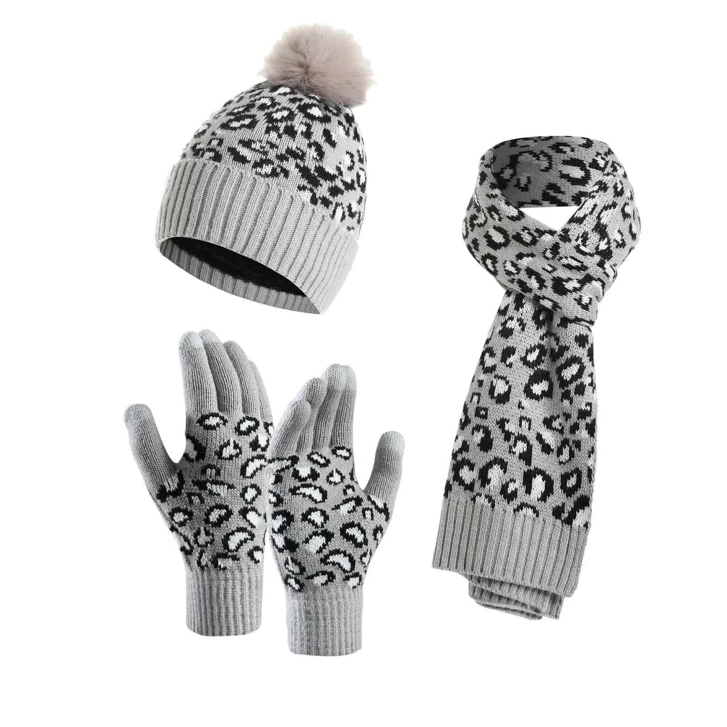 Light Grey Women's 3-Piece Winter Knit Set - Leopard Print Plush Lined Beanie Hat, Scarf & Touchscreen Gloves V888-ELOSUNG27168