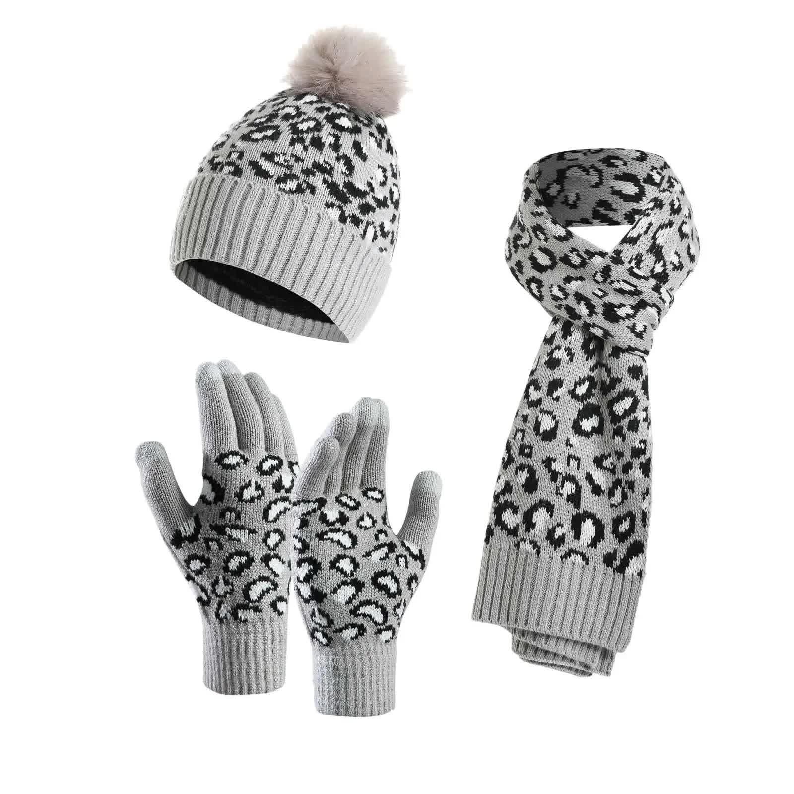 Light Grey Women's 3-Piece Winter Knit Set - Leopard Print Plush Lined Beanie Hat, Scarf & Touchscreen Gloves V888-ELOSUNG27168